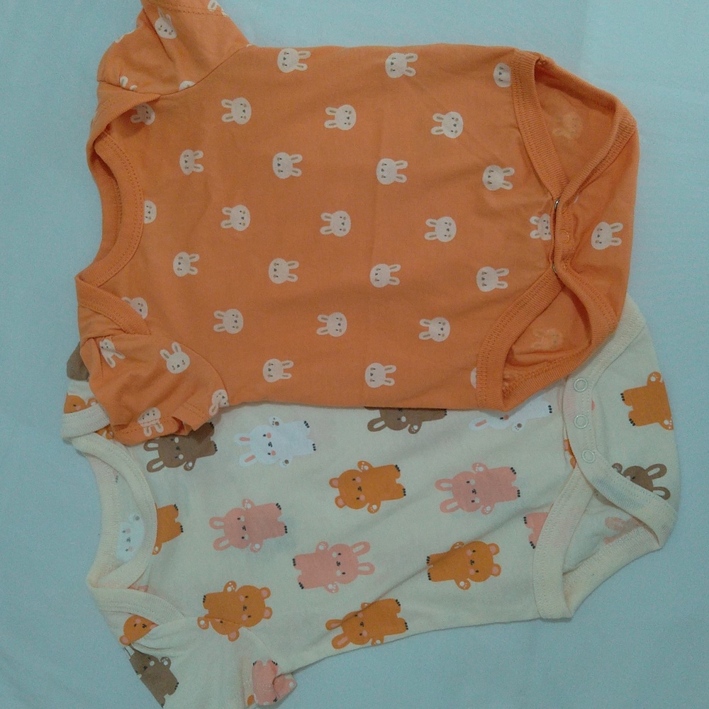 Sterling Cute Baby Girl Bunny Print 2 Bundle Bodysuits in Orange and Cream Set - Picture 2 of 12